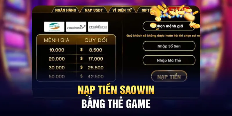 Nạp tiền Saowin bằng thẻ game